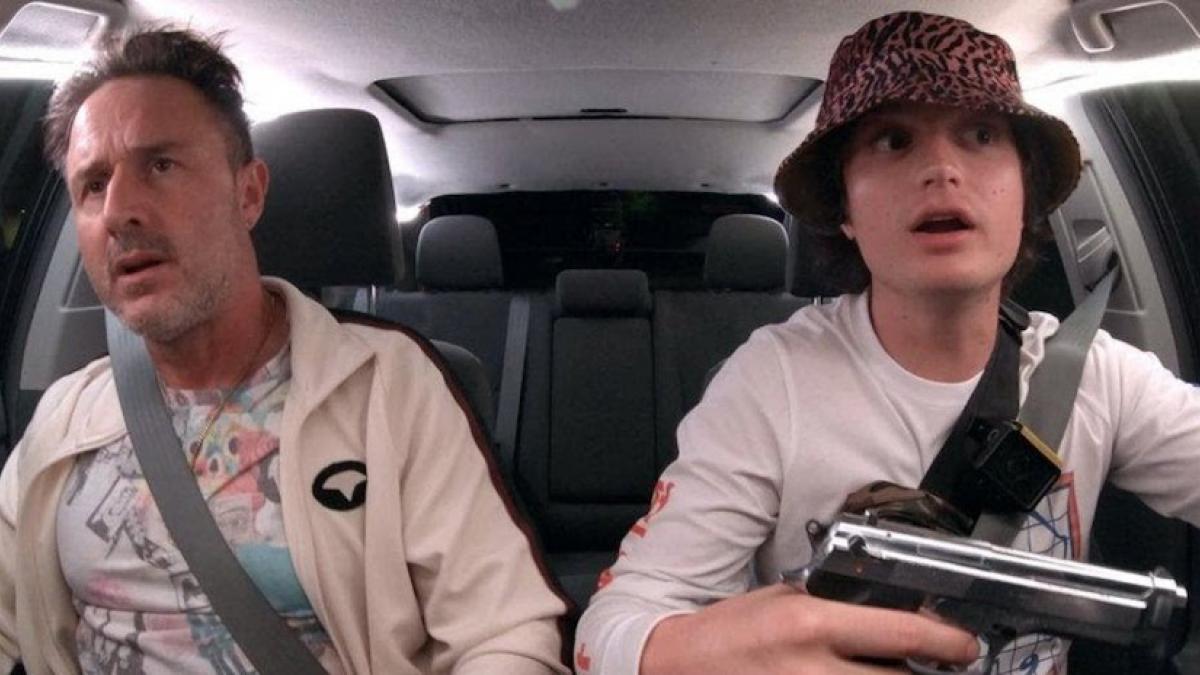 Joe Keery (right) is a rideshare driver in search of viral fame in Eugene Kotlyarenko's 'Spree'.