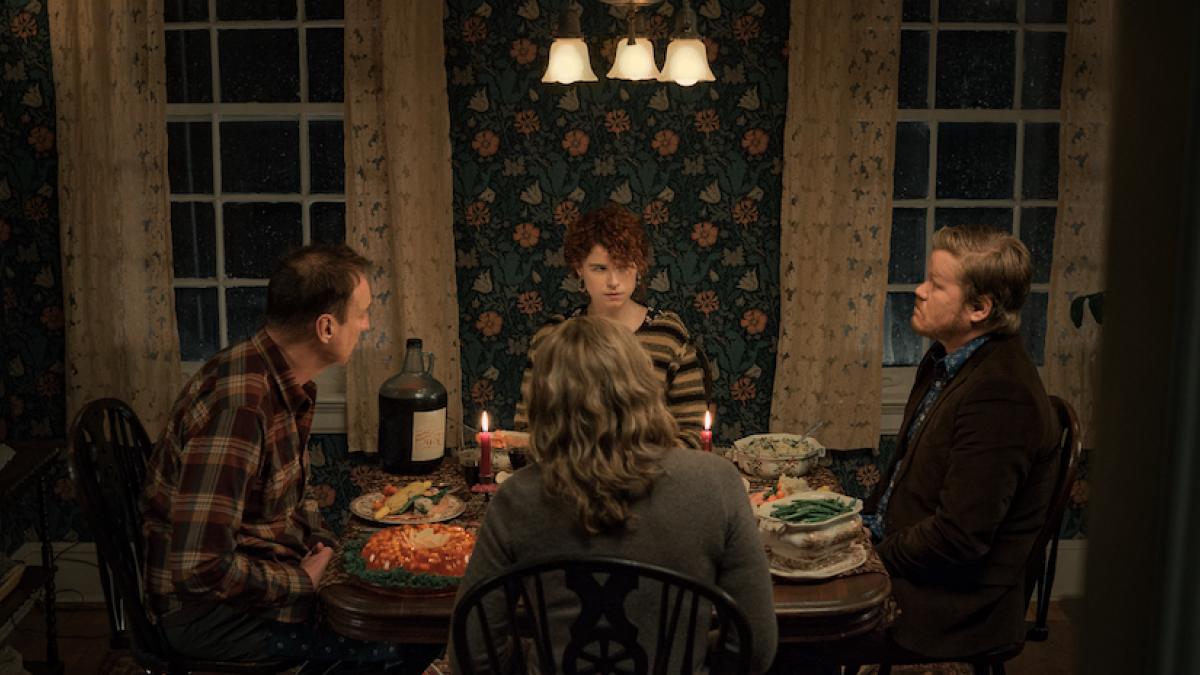 Jessie Buckley (center, rear) meets the parents and struggles to hold on to reality in Charlie Kaufman's 'I'm Thinking of Ending Things'.