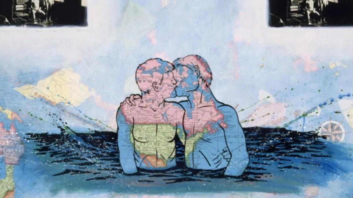 A mixed-media artwork incorporating two male figues standing in water up their waists, embracing and kissing. The figures are rendered in pieces of a map. Black-and-white photos are partially visible the margins.