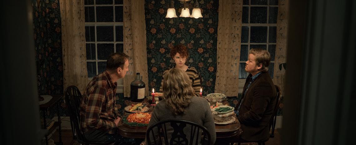 Jessie Buckley (center, rear) meets the parents and struggles to hold on to reality in Charlie Kaufman's 'I'm Thinking of Ending Things'.