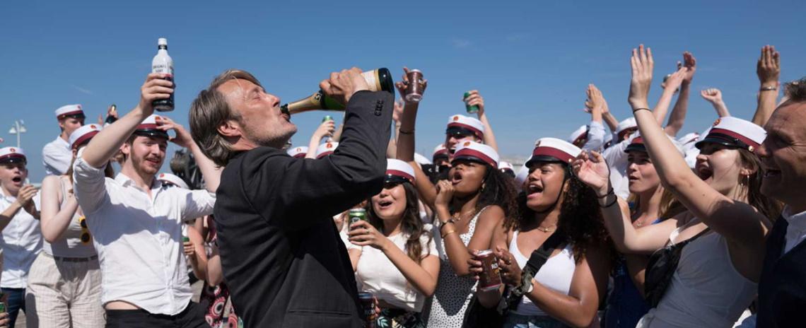Mads Mikkelsen (center-left, front) is a high school teacher who experiments with perpetual inebriation in Thomas Vinterberg's 'Another Round'. 