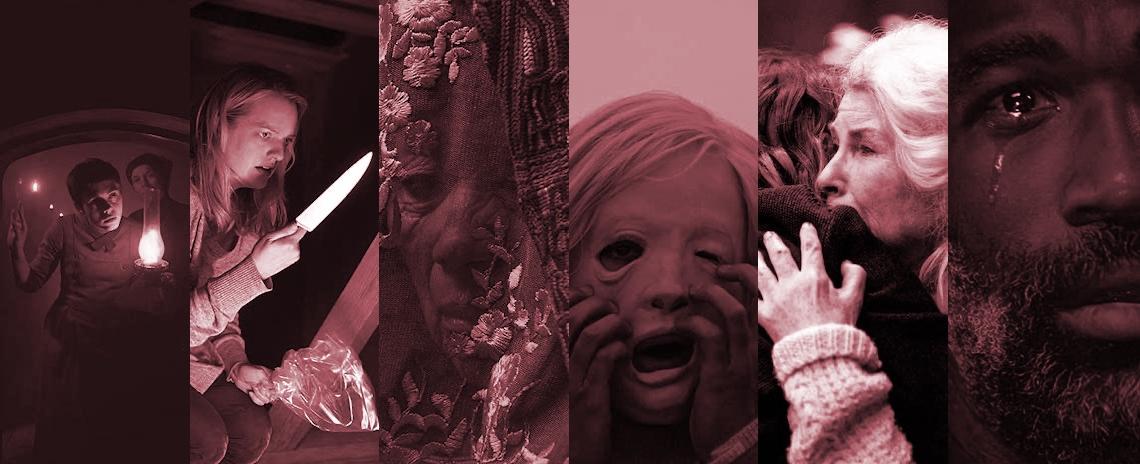 A collage incorporating fragments of still images from multiple 2020 horror films.